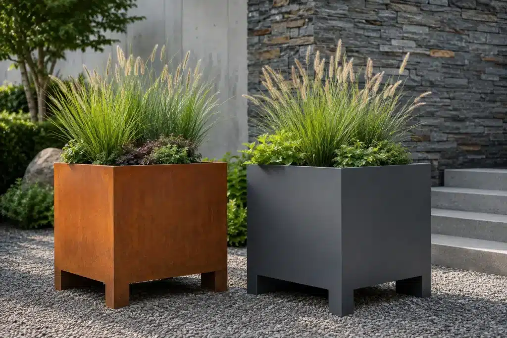 Pflanzkübel aus Cortenstahl und anthrazitfarbenem Aluminium mit Gräsern im modernen Garten
