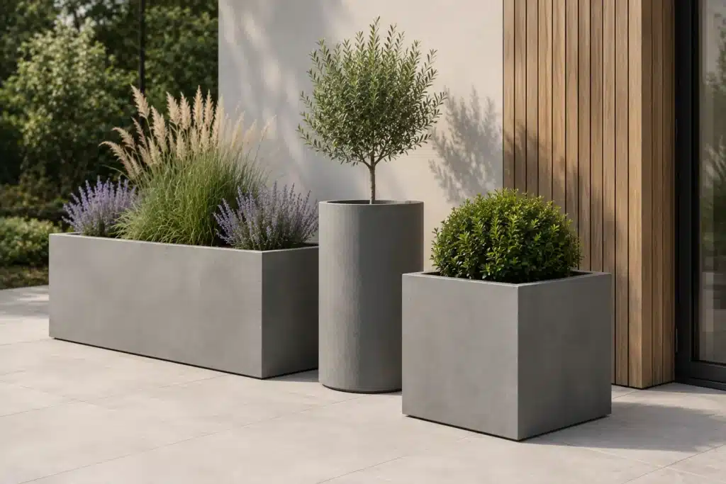 Pflanzkübel aus Fiberglas-Beton in rechteckiger, quadratischer und runder Form
