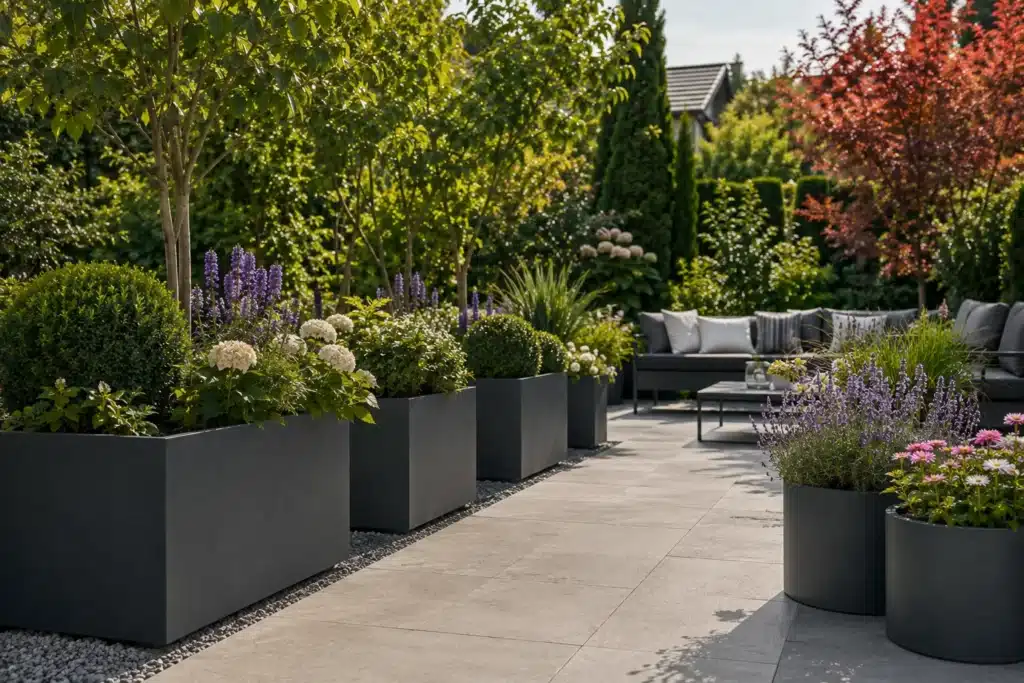 Moderner Garten mit großen anthrazitfarbenen Pflanzkübeln, blühenden Pflanzen, Gehölzen und gemütlichem Sitzbereich.