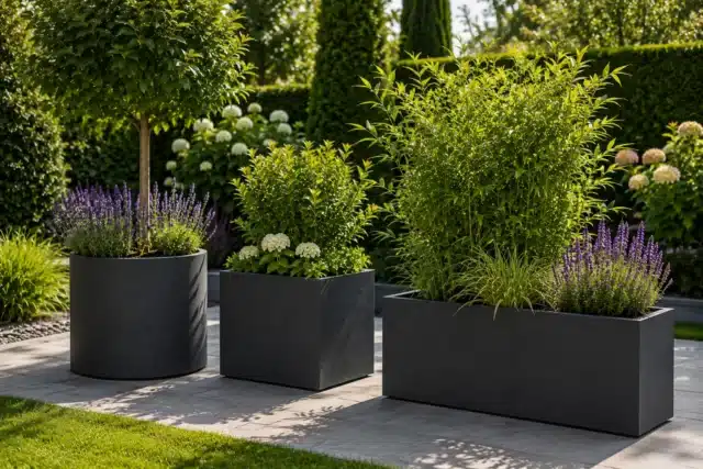 Moderne Pflanzkübel für den Garten in runder, quadratischer und rechteckiger Form mit dekorativer Bepflanzung.