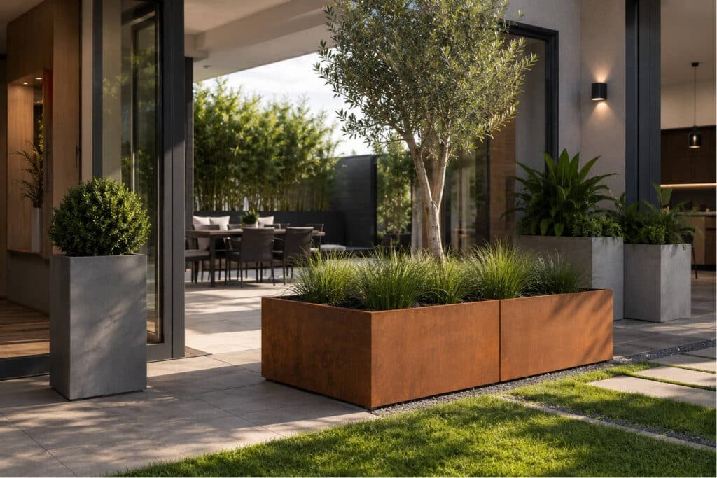 Maßgefertigte Pflanzkübel aus Cortenstahl und Fiberglas im modernen Garten-, Terrassen- und Wohnbereich.