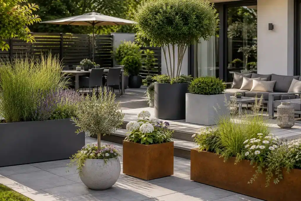 Moderne Pflanzkübel auf einer Terrasse mit Gräsern, Sträuchern, kleinen Bäumen und Blühpflanzen als dekorative Gestaltung und Raumteiler.
