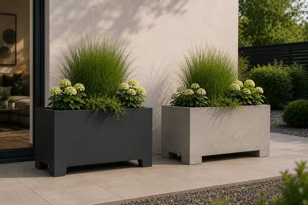 Pflanzkübel mit Füßen aus Aluminium und Beton im Vergleich