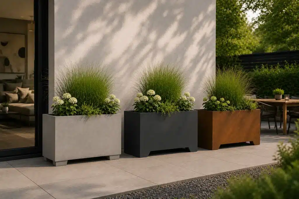 Pflanzkübel mit Füßen aus Beton, Aluminium und Cortenstahl