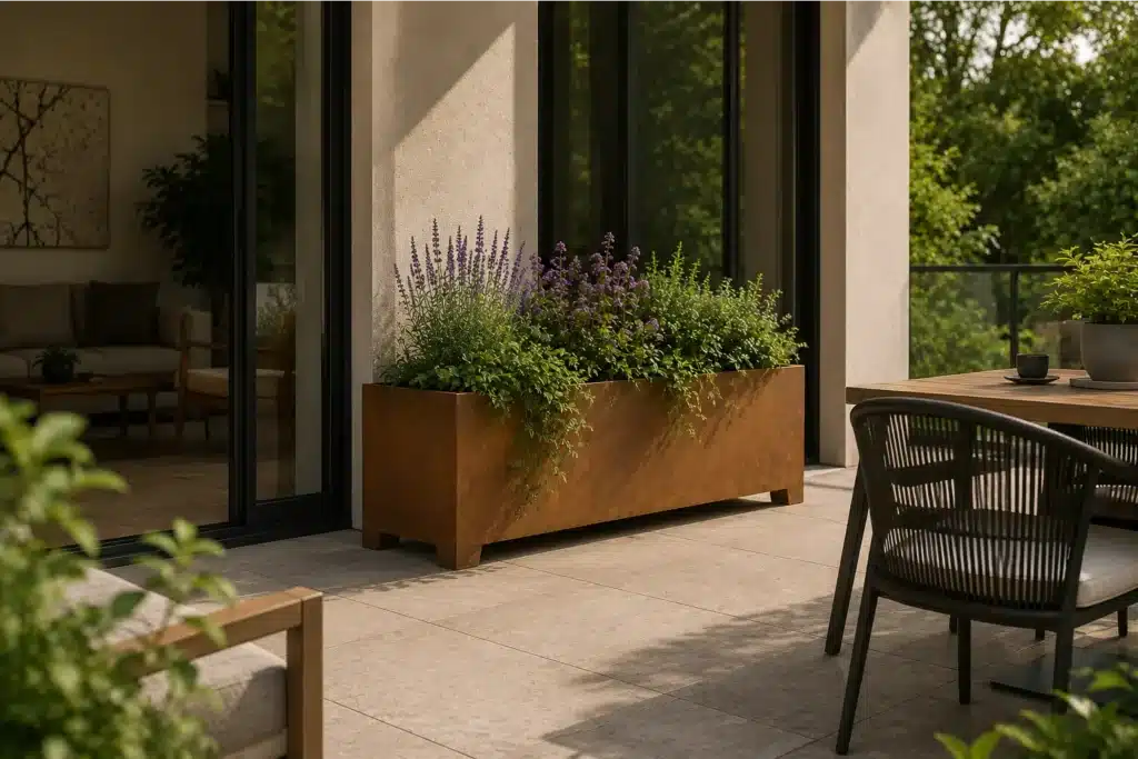 Pflanzkübel mit Füßen aus Cortenstahl auf moderner Terrasse