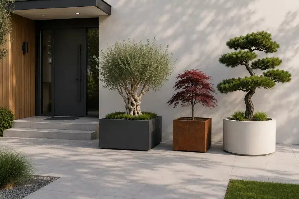 Pflanzkübel nach Maß aus Aluminium, Cortenstahl und Fiberglas mit Bäumen im modernen Außenbereich