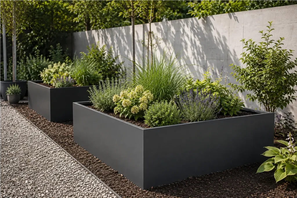 Pflanzkübel ohne Boden aus Aluminium in Anthrazit mit Stauden und Gräsern im Garten