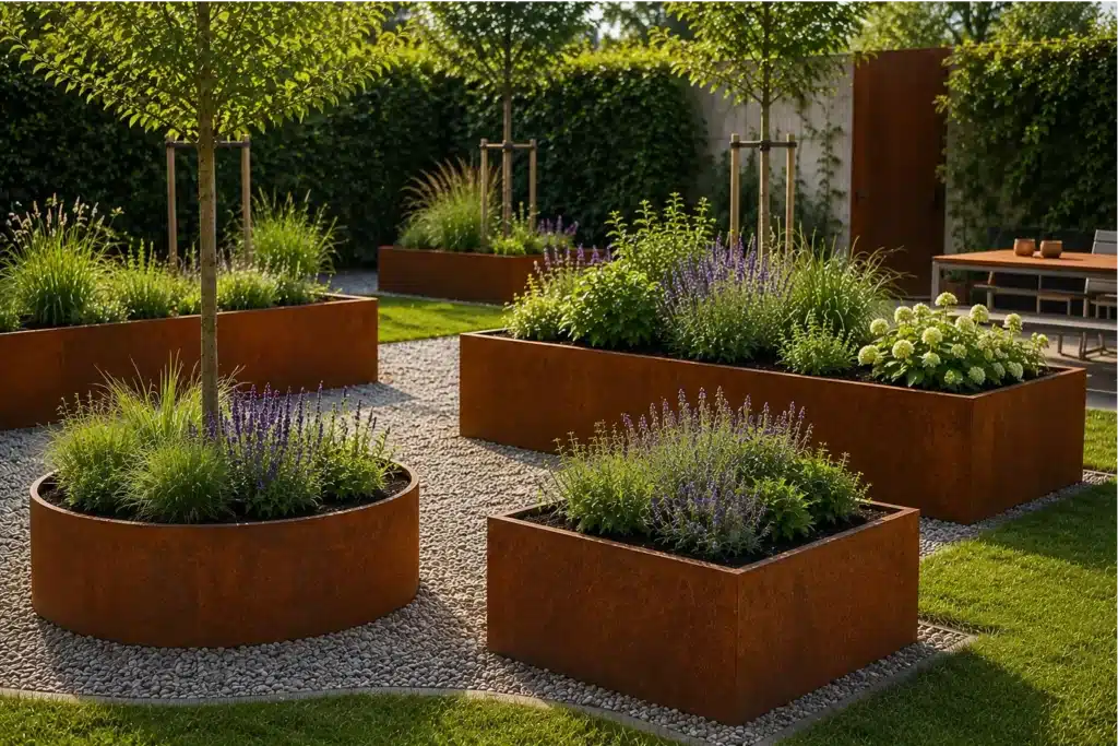 Pflanzkübel ohne Boden aus Cortenstahl in runder, quadratischer und rechteckiger Form im Garten