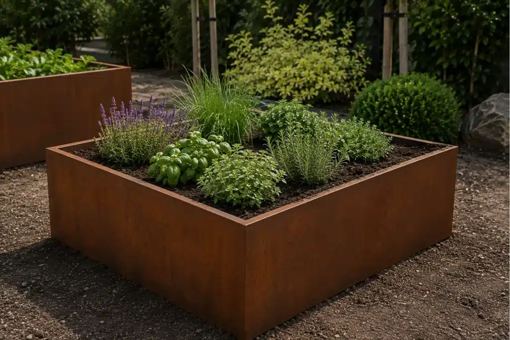 Pflanzkübel ohne Boden aus Cortenstahl mit Kräutern und Stauden im Garten