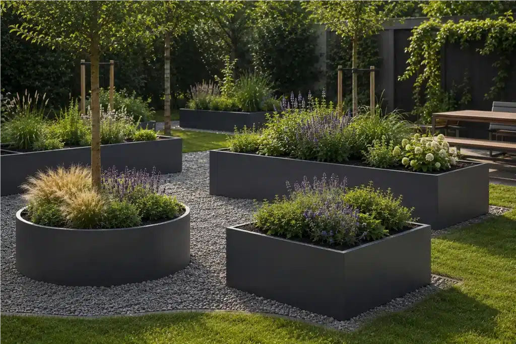 Pflanzkübel ohne Boden in verschiedenen Formen und Größen für moderne Gartengestaltung