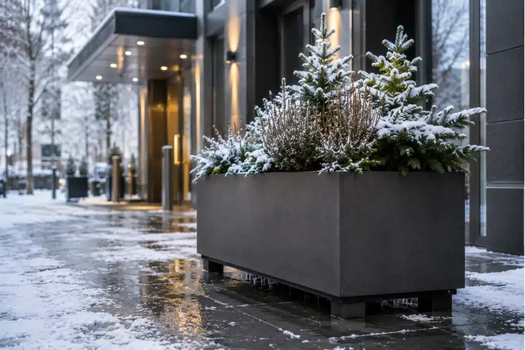 Rechteckiger Pflanzkübel auf kleinen Füßen mit Abstand zum Boden vor einem modernen Gebäude im Winter.