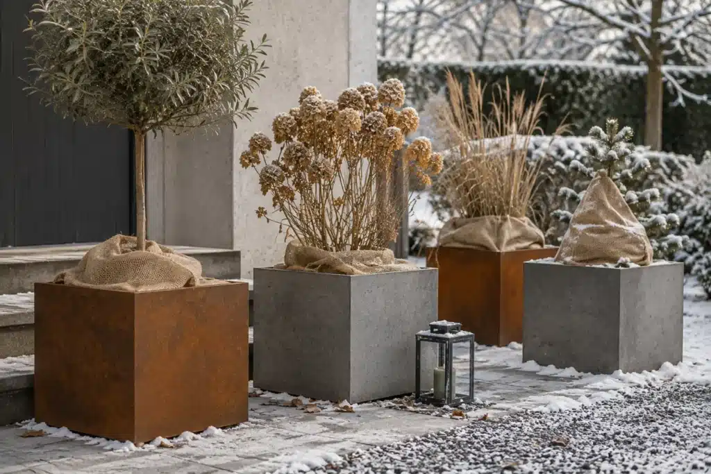 Winterfeste Pflanzkübel aus Beton und Cortenstahl mit geschützten Pflanzen auf einer verschneiten Terrasse.