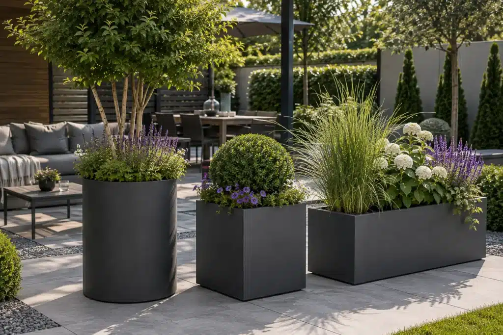 Moderne Pflanzkübel in Zylinder-, Quadrat- und Rechteckform mit Bäumen, Sträuchern, Gräsern und Blühpflanzen im Garten.