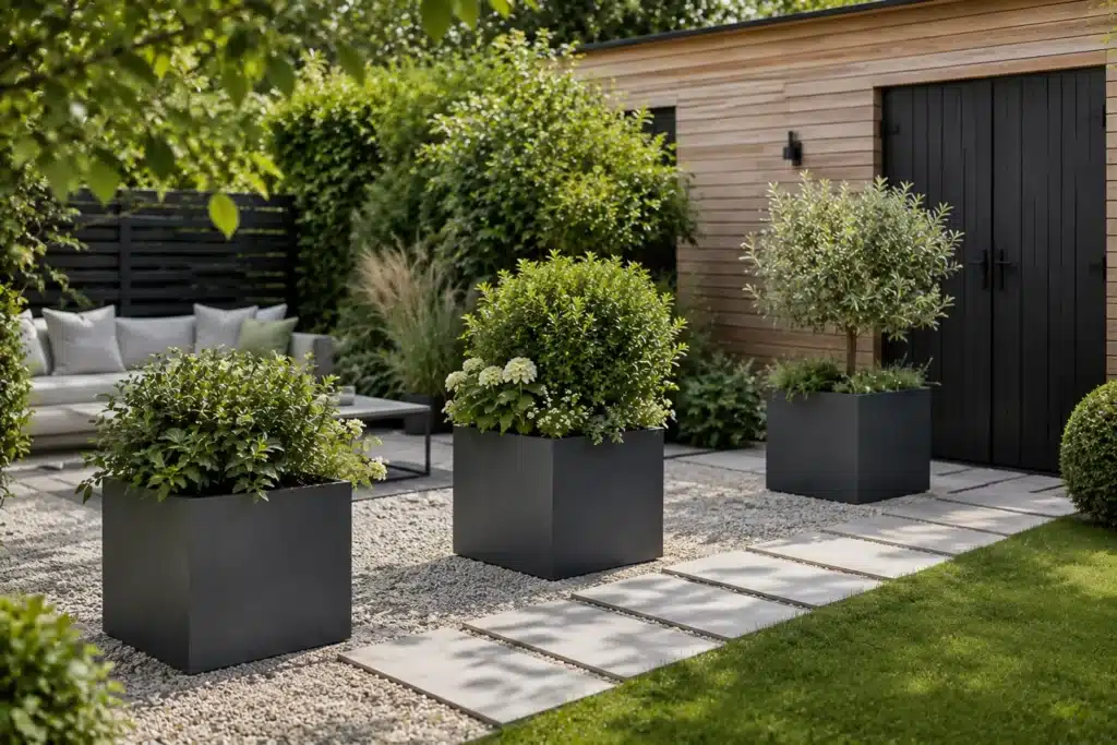 Moderne quadratische Pflanzkübel mit Sträuchern und kleinen Bäumen in einem stilvollen Garten mit Kiesweg und Sitzbereich.