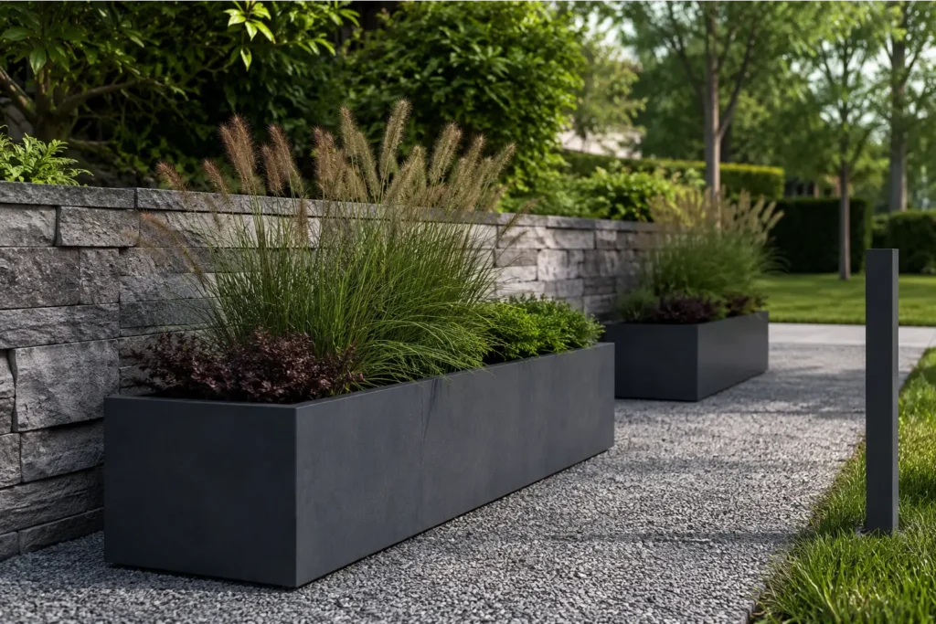 Rechteckige Pflanzkübel aus Beton mit Ziergräsern entlang einer Gartenmauer