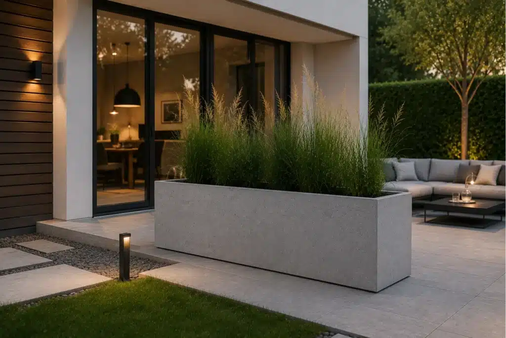 Rechteckiger Pflanzkübel in Betonoptik mit Gräsern auf einer modernen Terrasse