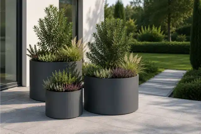 Runde Pflanzkübel aus Aluminium in Anthrazit mit Bepflanzung auf einer modernen Terrasse