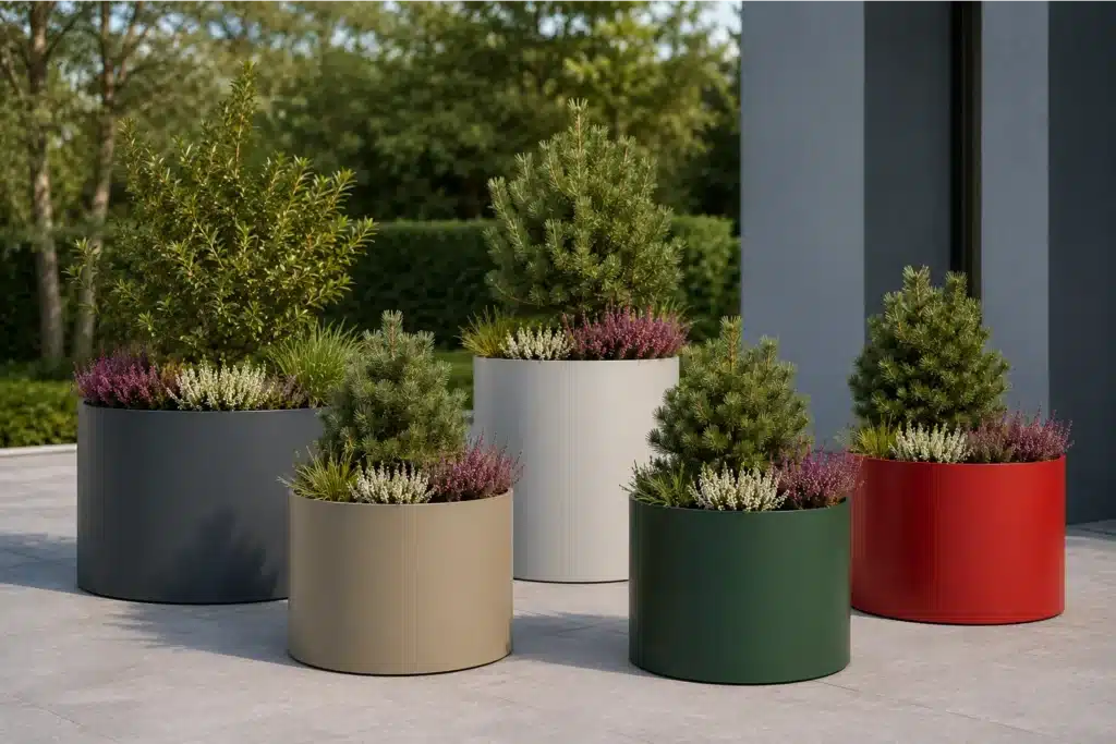 Runde Pflanzkübel aus Aluminium in verschiedenen RAL-Farben für Garten und Terrasse