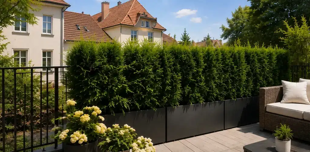 Terrasse mit hohen immergrünen Pflanzen in großen Pflanzkübeln als natürlicher Sichtschutz