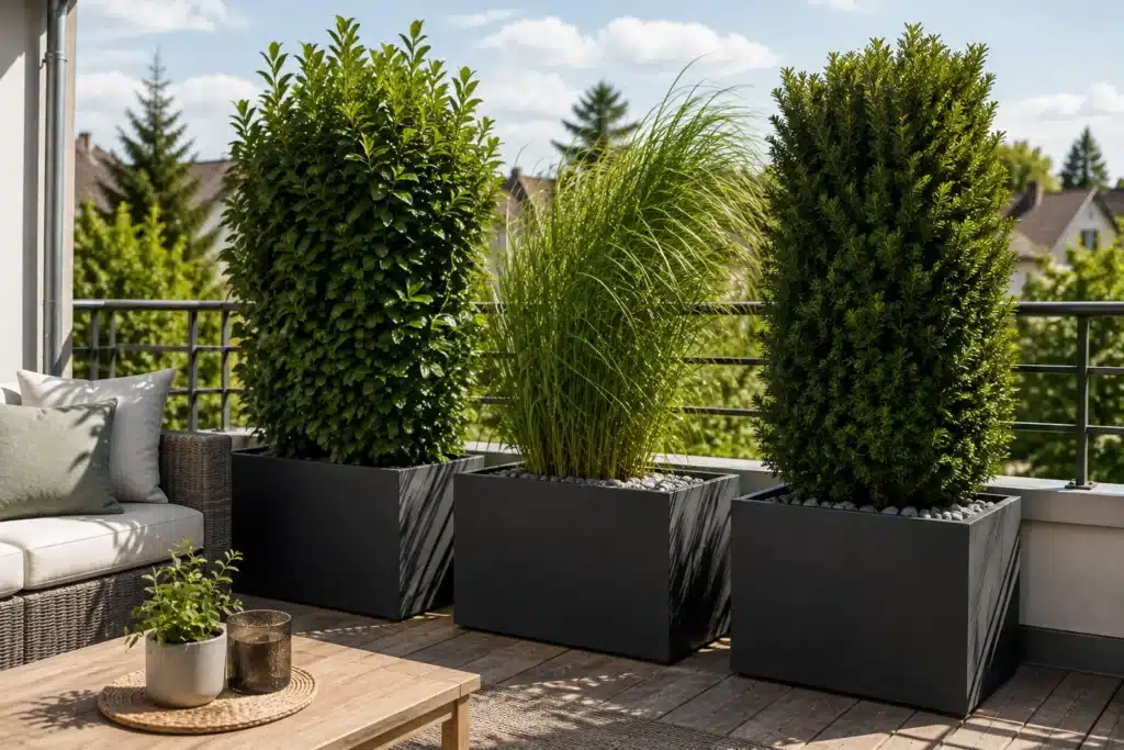Pflanzkübel aus Beton, leichtem Verbundmaterial und Cortenstahl mit hohen Sichtschutzpflanzen auf einer Terrasse.