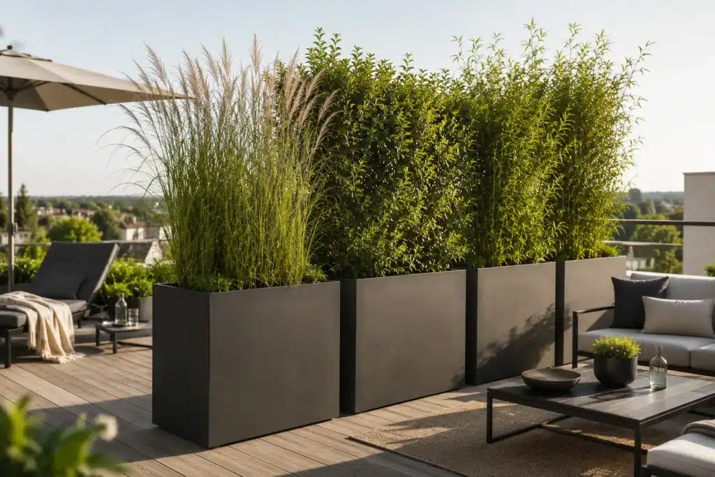 Große Pflanzkübel mit Gräsern und Sträuchern als dekorativer Sichtschutz auf einer modernen Terrasse