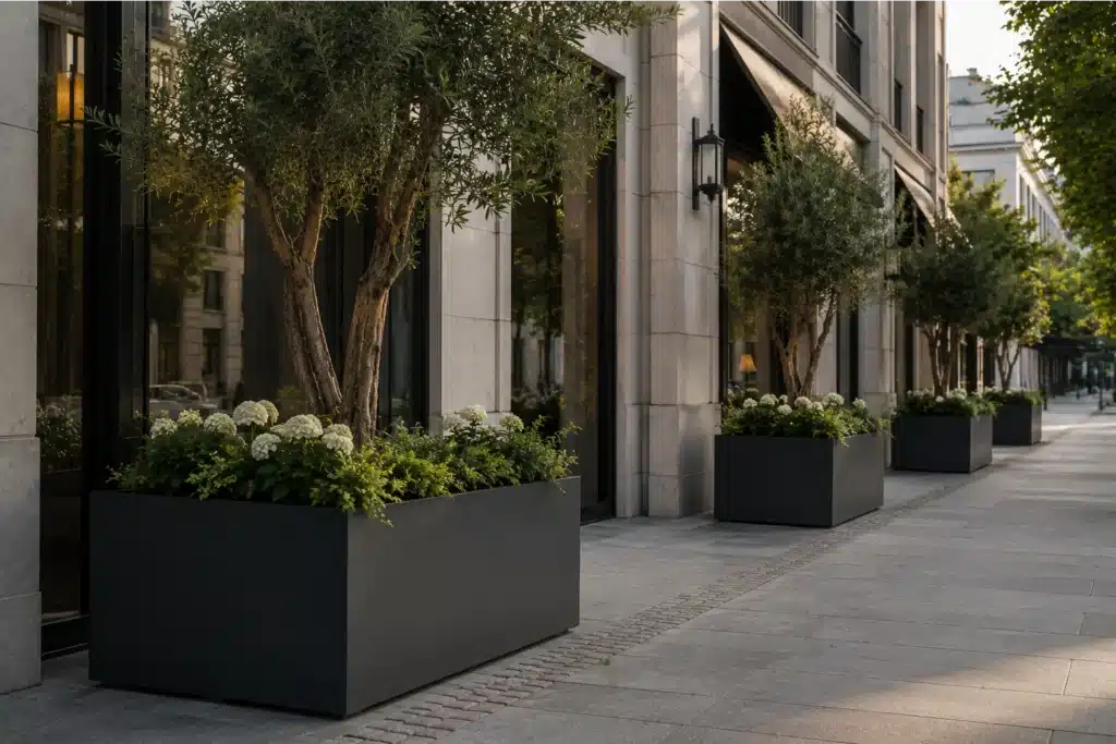 XXL Pflanzkübel aus Aluminium in Anthrazit mit Bäumen und Blumen vor einem modernen Gebäude