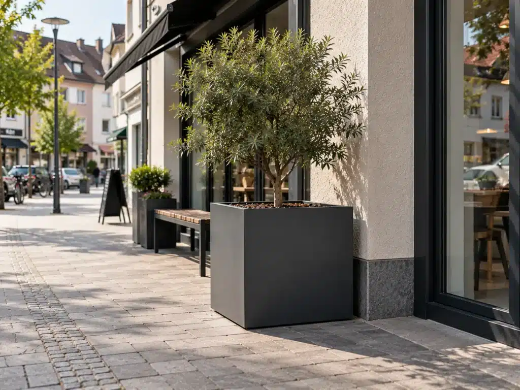 Großer Aluminium-Pflanzkübel mit Baum im öffentlichen Außenbereich