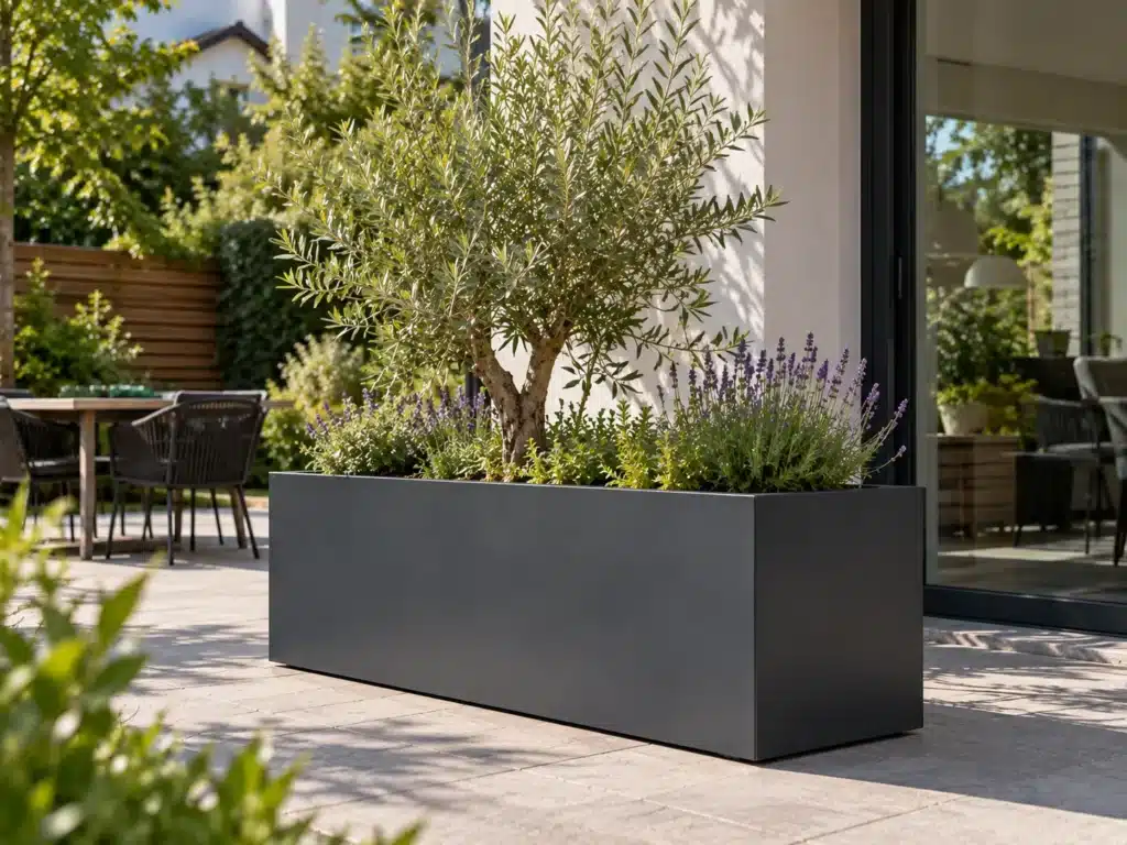 Großer Pflanzkübel aus Aluminium mit Baum auf einer Terrasse