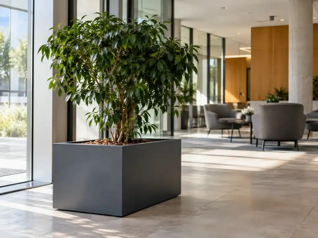 Großer Pflanzkübel aus Fiberglas im Innenbereich eines Büros