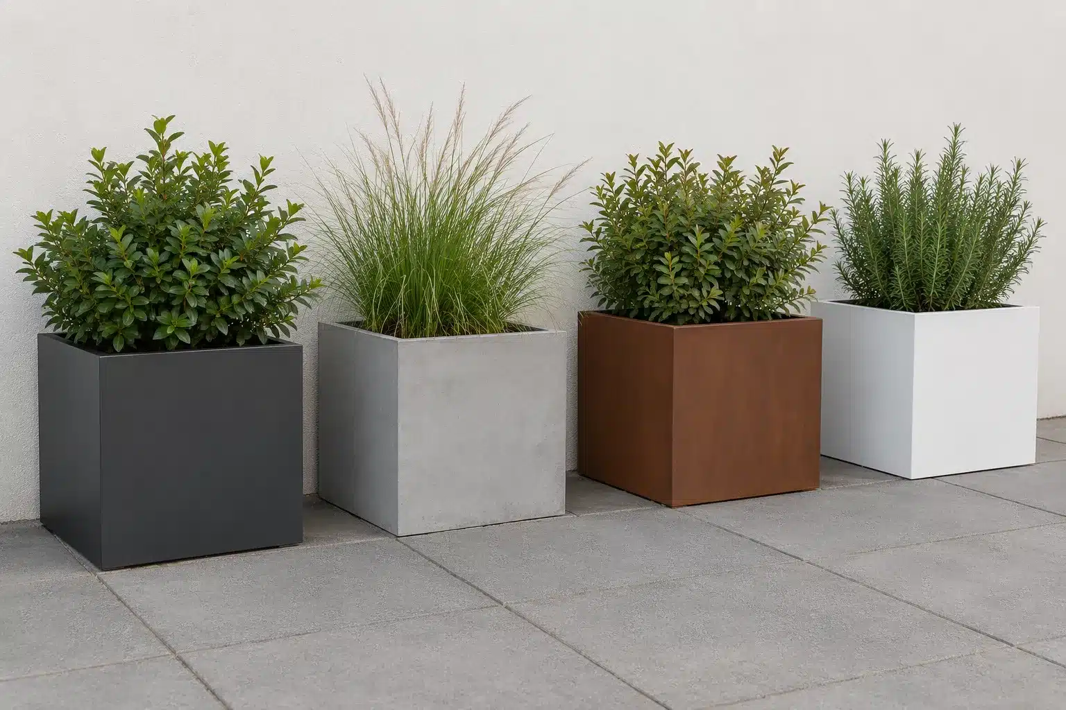 Vier bepflanzte Pflanzkübel aus Aluminium, Beton, Cortenstahl und Fiberglas vor einer hellen Hauswand.