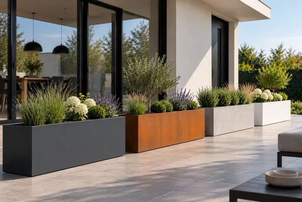 Rechteckige Pflanzkübel aus Aluminium, Cortenstahl, Beton und Fiberglas auf einer modernen Terrasse