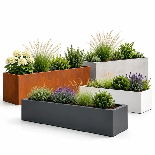 Rechteckige Pflanzkübel aus Aluminium, Cortenstahl, Beton und Fiberglas