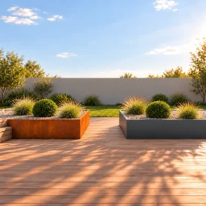 Pflanzkübel und Garten-Accessoires 6 terrassen randelemente corten aluminium anthrazit Randelemente aus Cortenstahl links und anthrazitfarbenem Aluminium rechts mit einem mittigen Durchgang auf einer Holzterrasse.